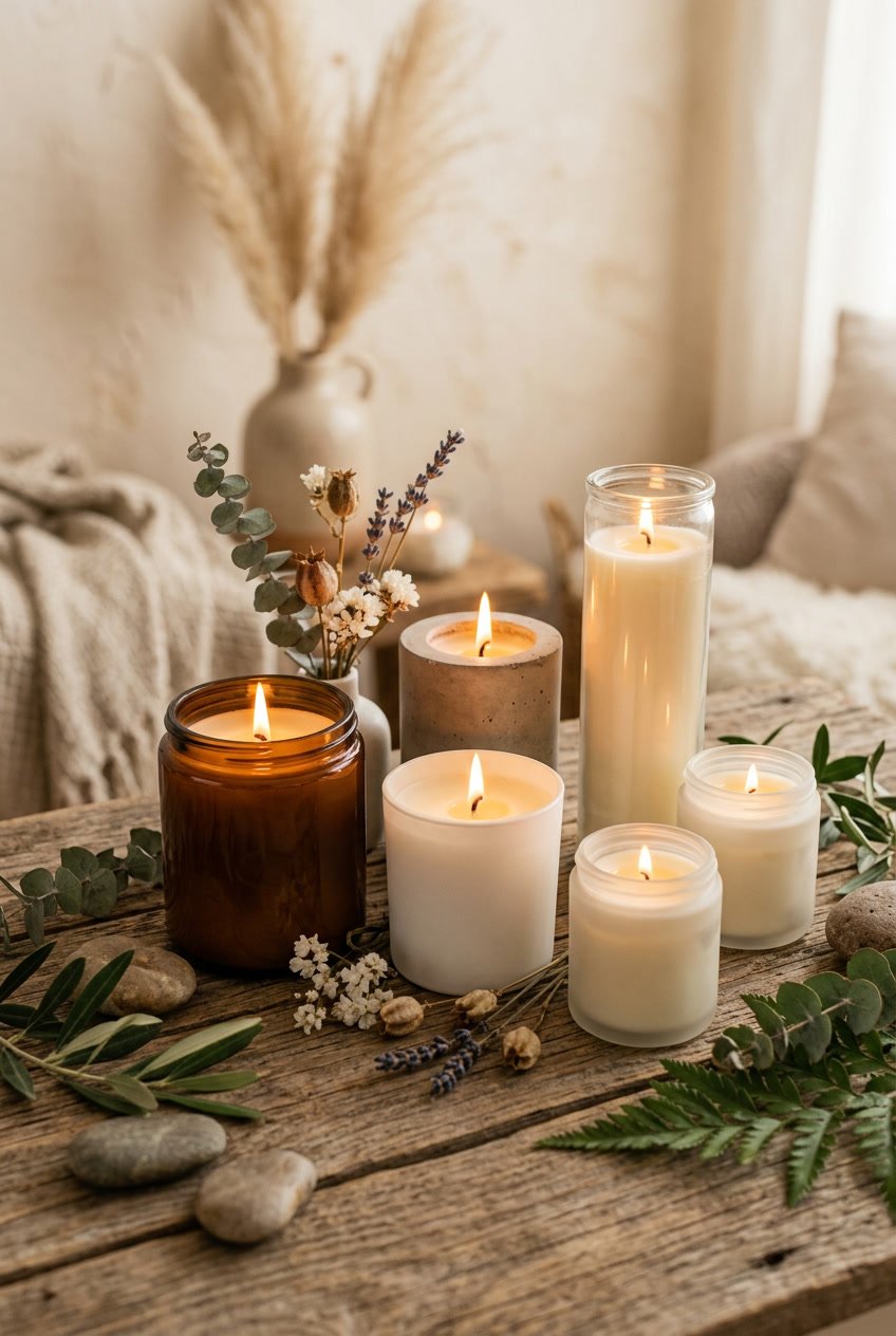 A close-up of lit scented soy candles on a wooden surface surrounded by dried flowers and green leaves.