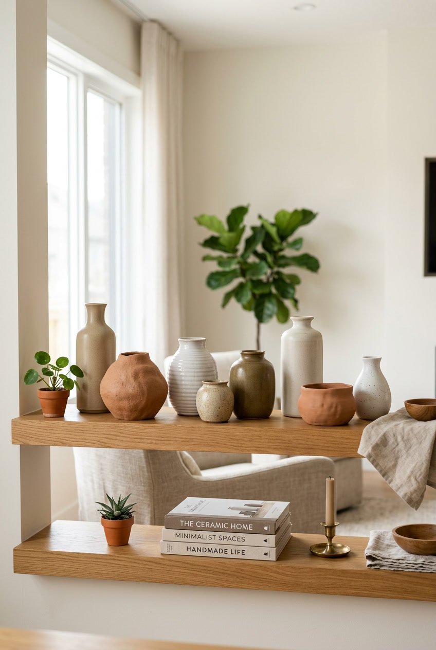 A collection of ceramic vases displayed on a wooden shelf with plants and home decor accessories in a bright living room.