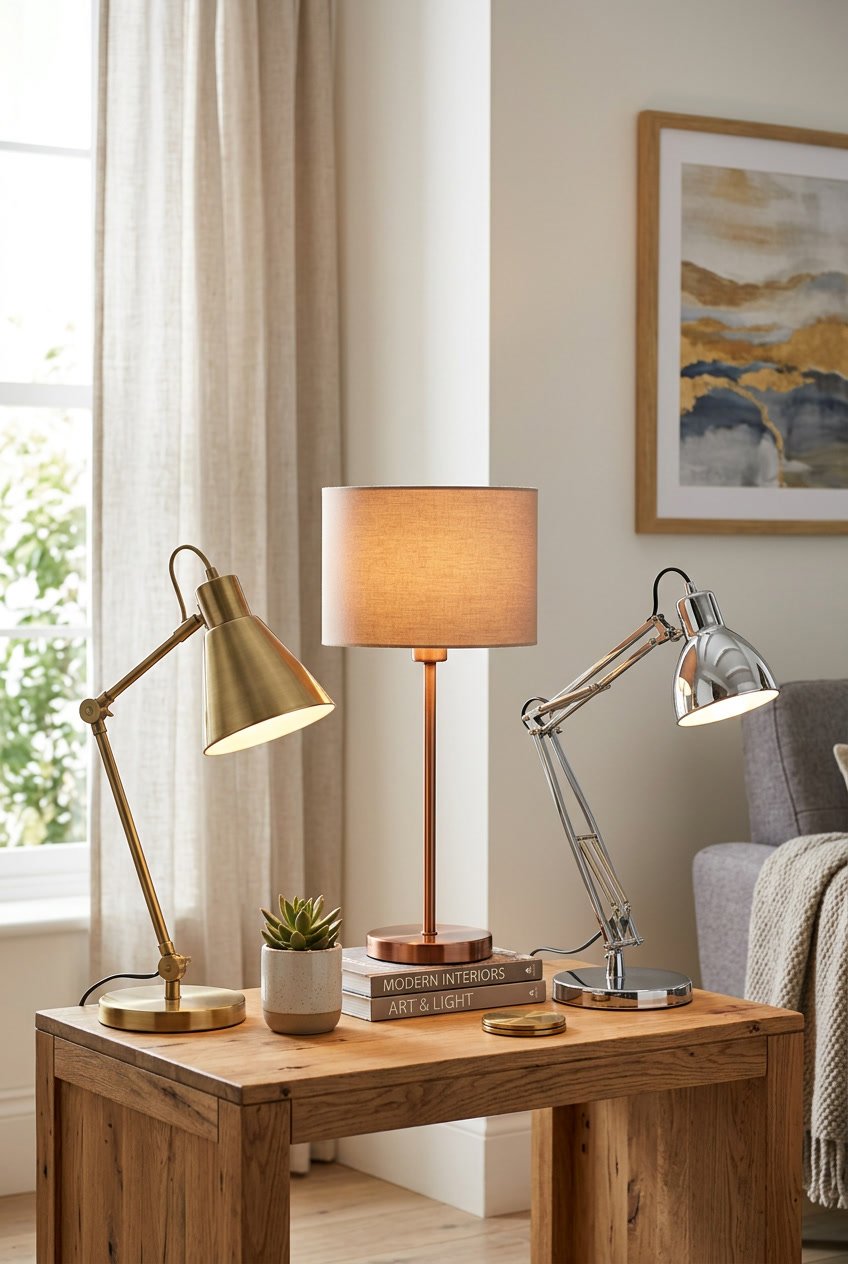 A collection of metallic table lamps on a wooden side table in a living room with a potted plant and artwork in the background.