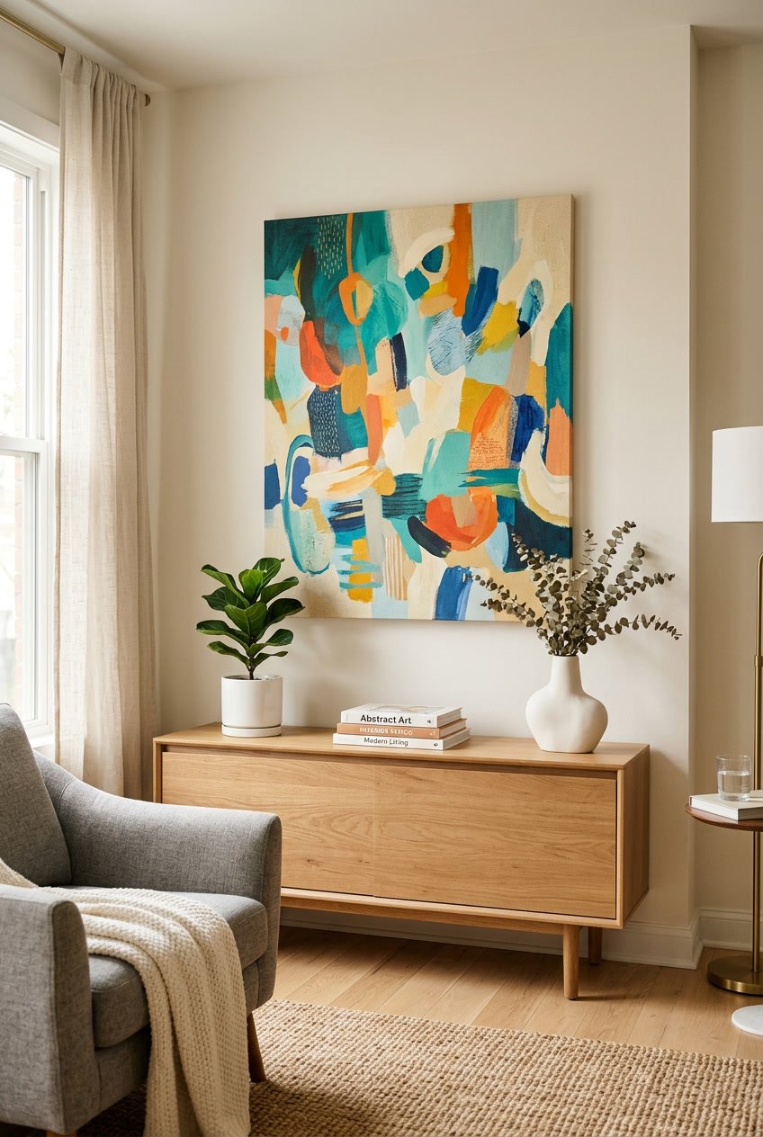 A living room corner with abstract canvas wall art above a wooden console table holding a plant, vase, and books.