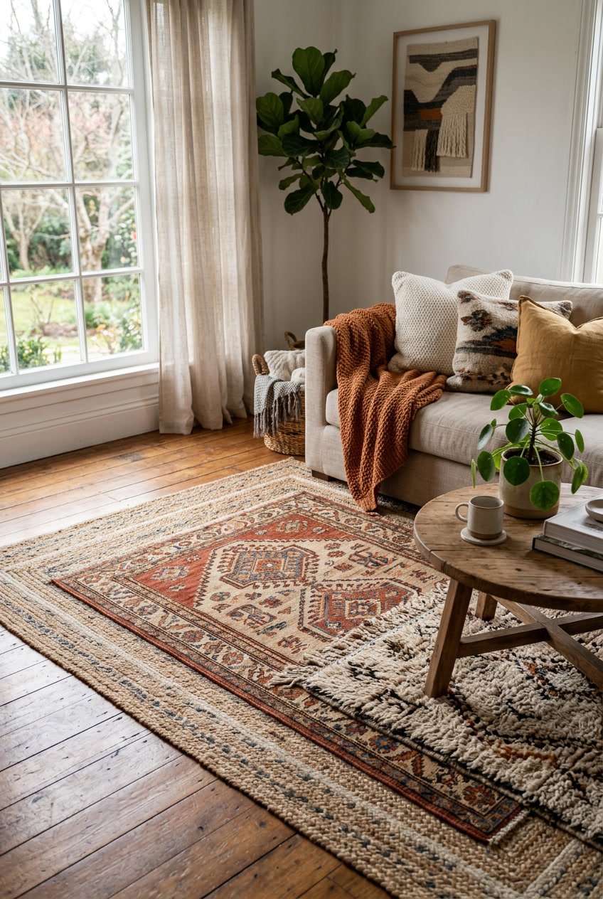 A living room corner with layered woven area rugs on a wooden floor, a sofa with cushions, a coffee table with a plant, and natural light coming through a window.