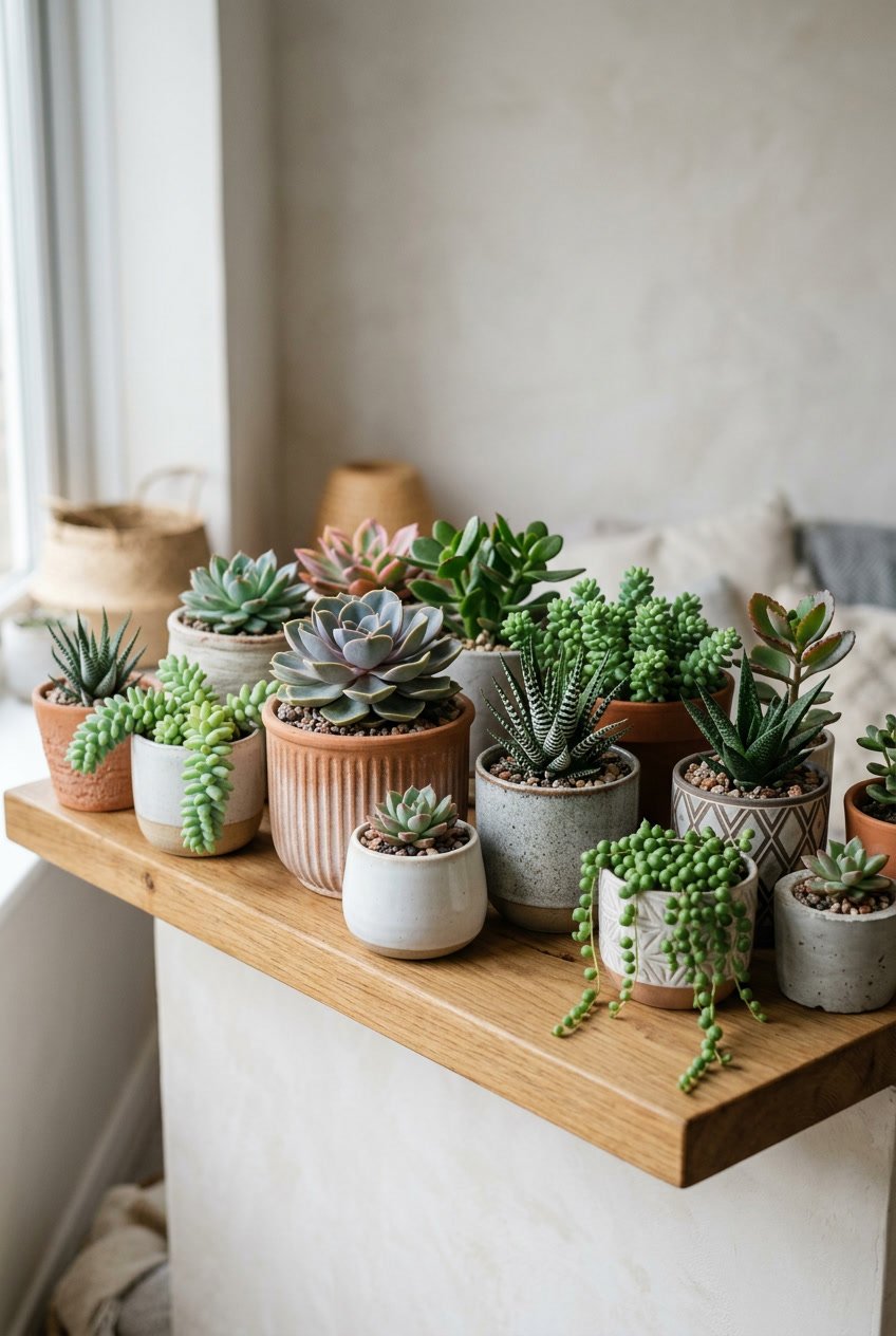 A collection of indoor succulent plants in various pots displayed on a wooden shelf.