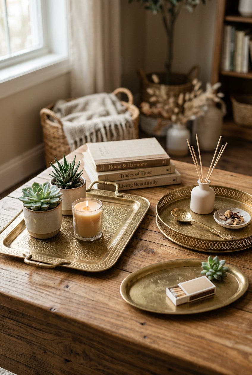 A collection of brass decorative trays displayed on a wooden surface with small plants, candles, and books around them.