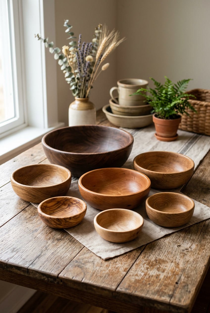 A collection of handcrafted wooden bowls displayed on a wooden table with home decor items in the background.