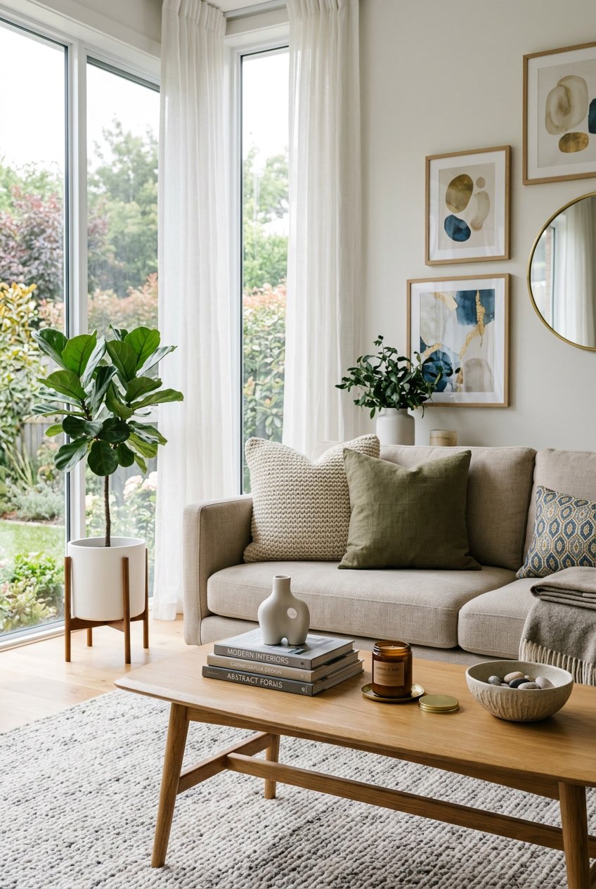 A living room with various home decor items including vases, candles, plants, pillows, and artwork arranged on a sofa, coffee table, and walls.