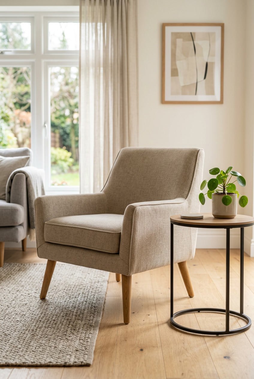 A comfortable chair with wooden legs in a bright living room next to a small table with a plant.