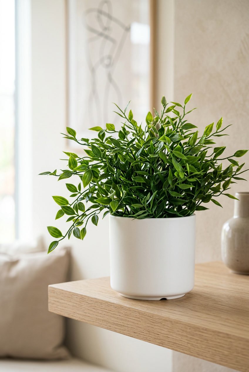 A green artificial potted plant in a white pot placed on a wooden surface against a neutral background.