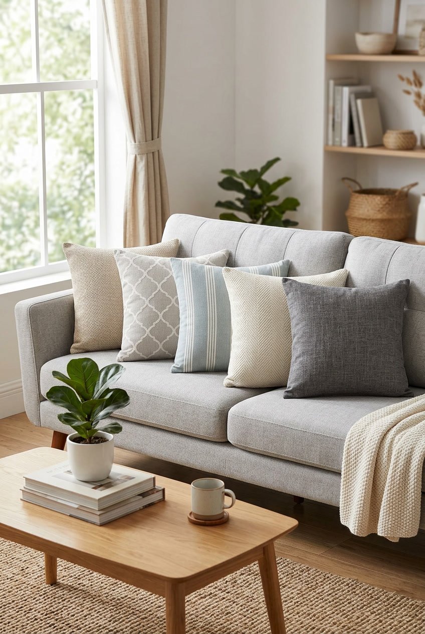A set of decorative throw pillow covers arranged on a sofa in a living room with a coffee table and a small plant nearby.