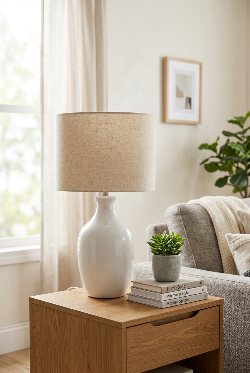 A ceramic table lamp with a linen shade on a wooden side table in a living room with natural light and home decor items.
