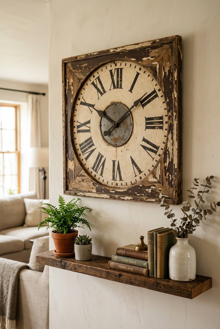 A vintage distressed wall clock hanging on a wall above a wooden shelf with plants and decorative items in a living room.