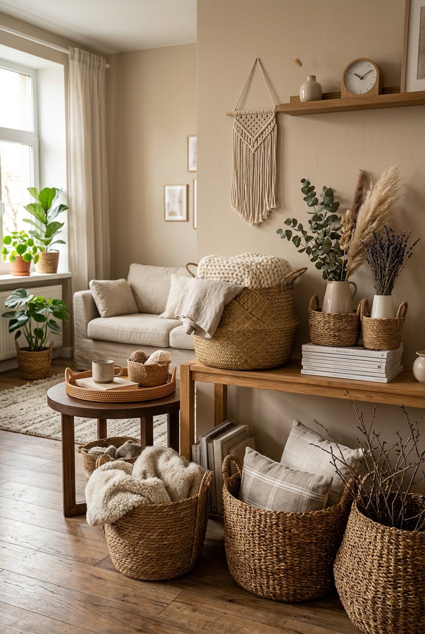 A living room with decorative wicker baskets filled with blankets and dried flowers, surrounded by plants and soft natural light.