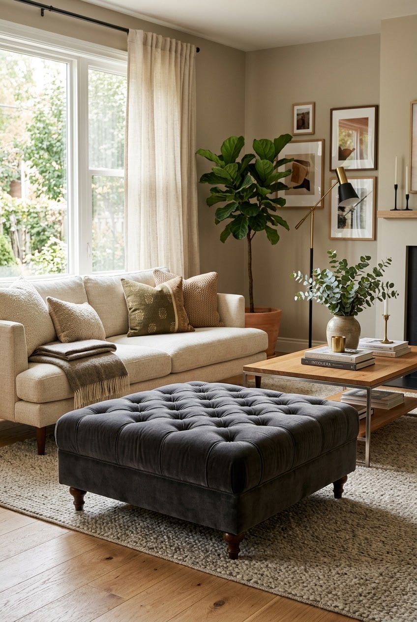 A velvet tufted ottoman in a living room with a sofa, coffee table, and area rug.