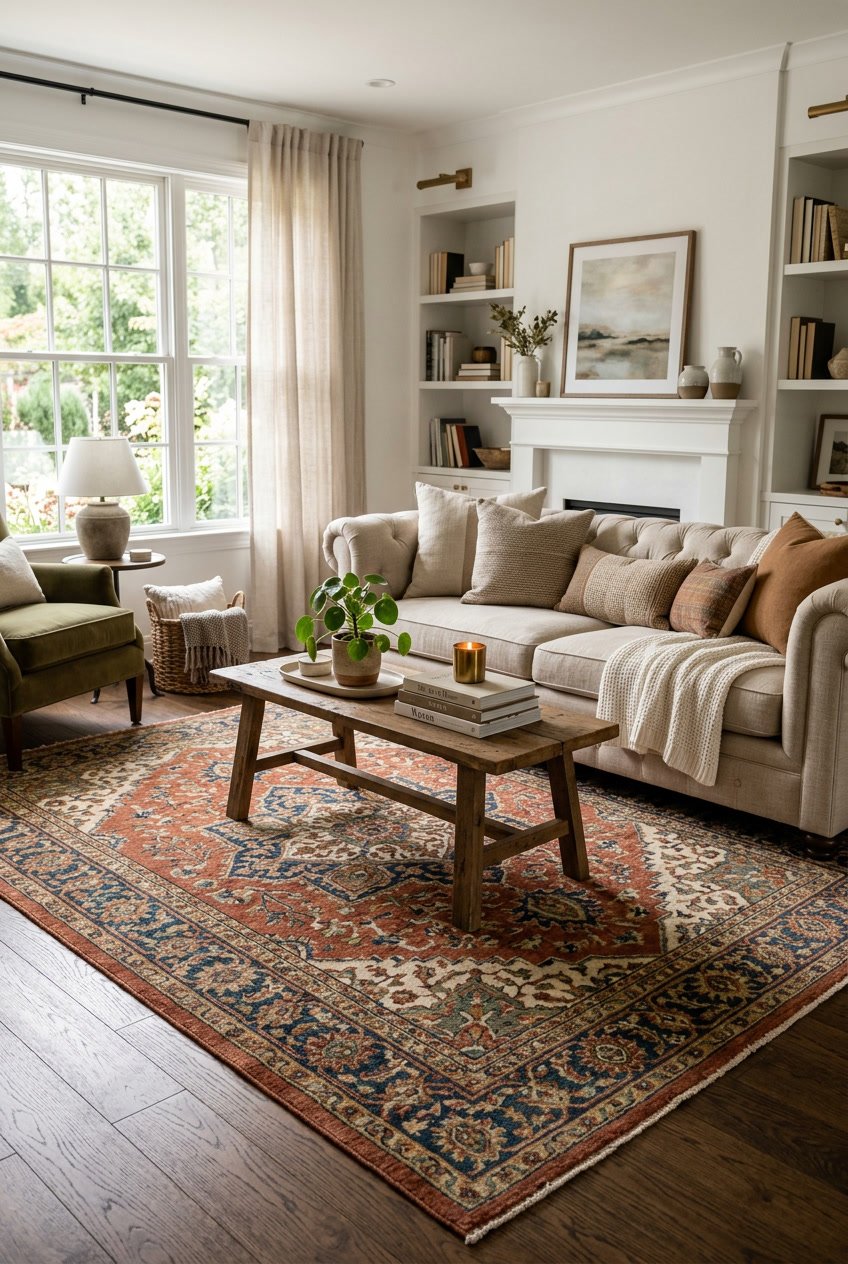 Living room with a wool rug on the floor, a sofa, coffee table, and natural light coming through windows.