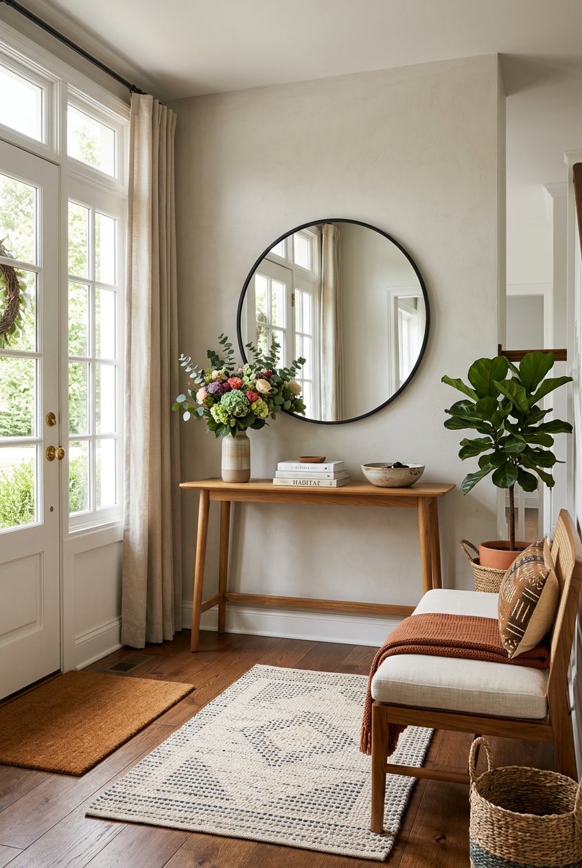 A home entryway with a wooden console table, round mirror, bench with cushion, potted plant, and a patterned rug on the floor.