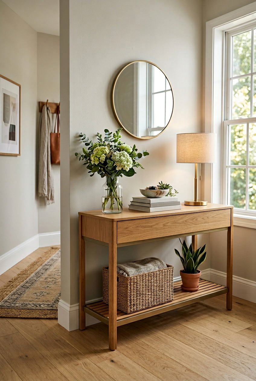 An entryway with a console table that has built-in storage, decorated with a vase of flowers, books, and a lamp.