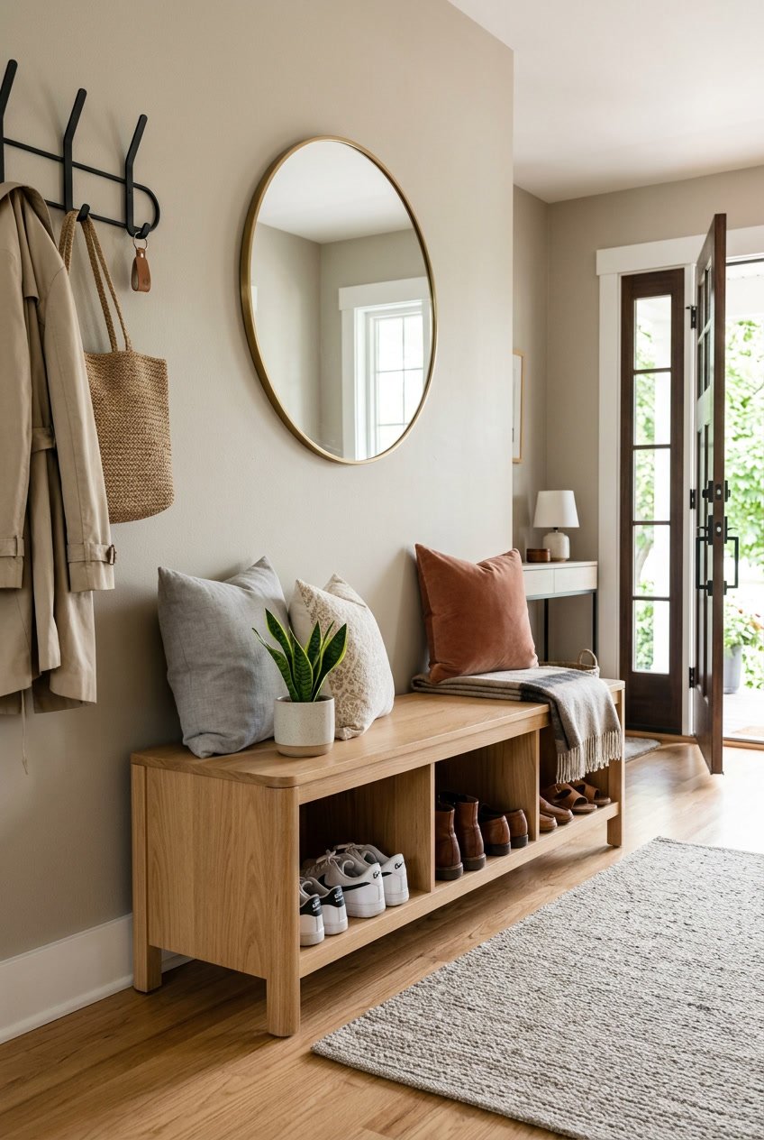 An entryway with a bench that has shoe storage underneath, showing several pairs of shoes and decorative cushions on the bench.
