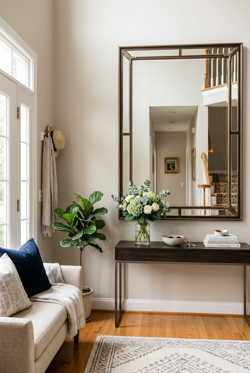 A home entryway with a large decorative mirror above a console table, a bench with cushions, and indoor plants.