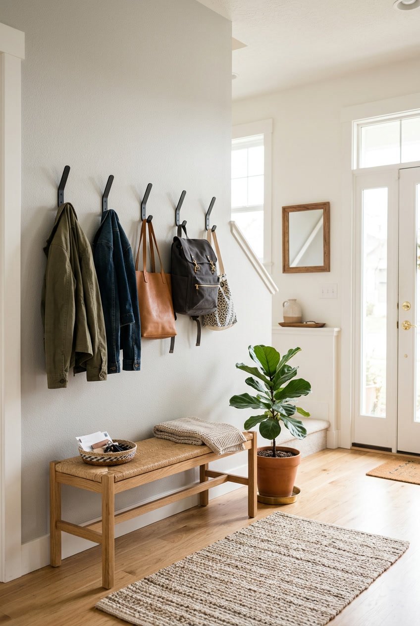 Entryway with wall hooks holding coats and bags above a wooden bench with a plant nearby.