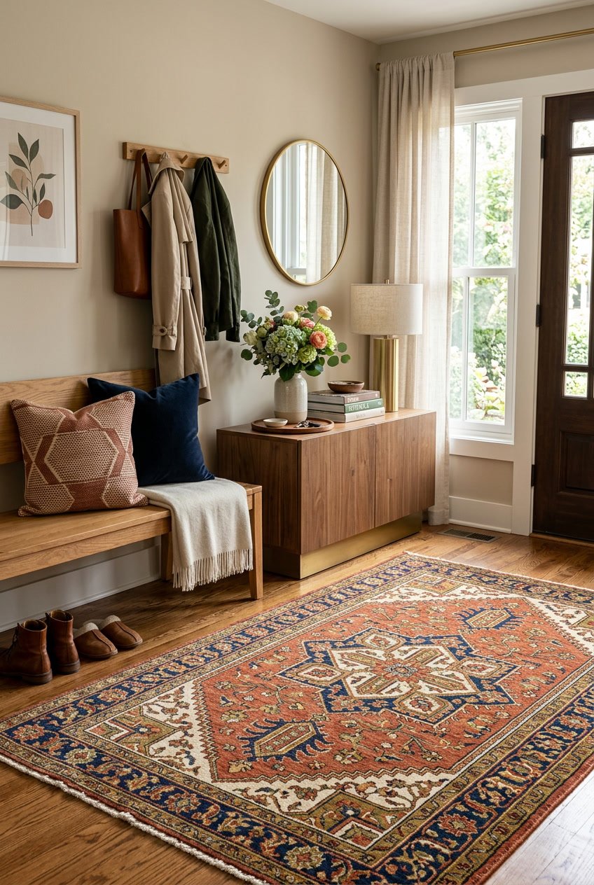 An entryway with a patterned rug on the floor, a wooden bench with cushions, a console table with decorative items, and natural light coming through a window.