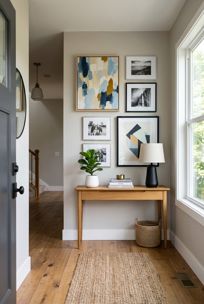 A home entryway with framed artwork and photographs on the wall above a console table with decorative items.