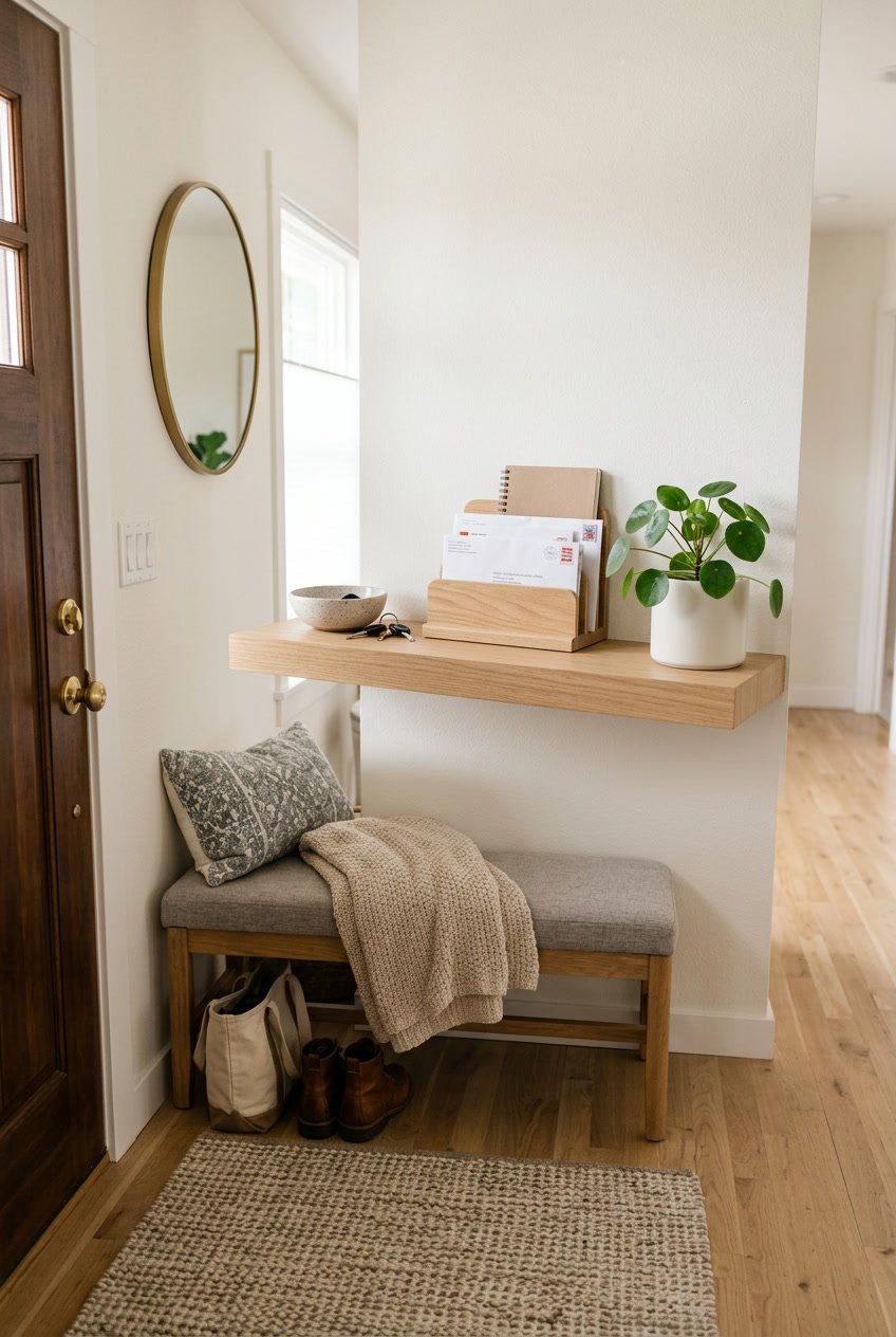 Entryway with a floating shelf holding keys, mail, and a plant above a cushioned bench.