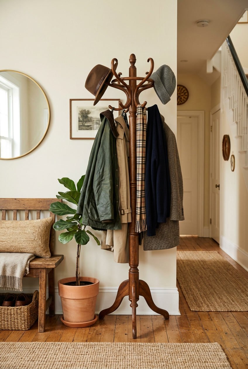 A wooden coat rack holding coats, hats, and scarves in a home entryway with a bench, plant, and mirror.