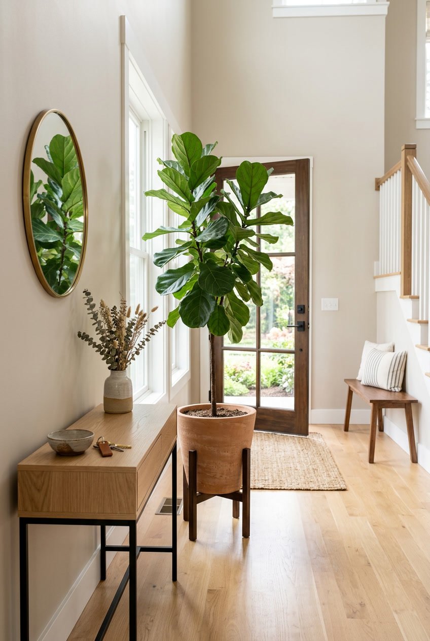 Home entryway with a tall indoor plant next to a console table and natural light coming through the doorway.