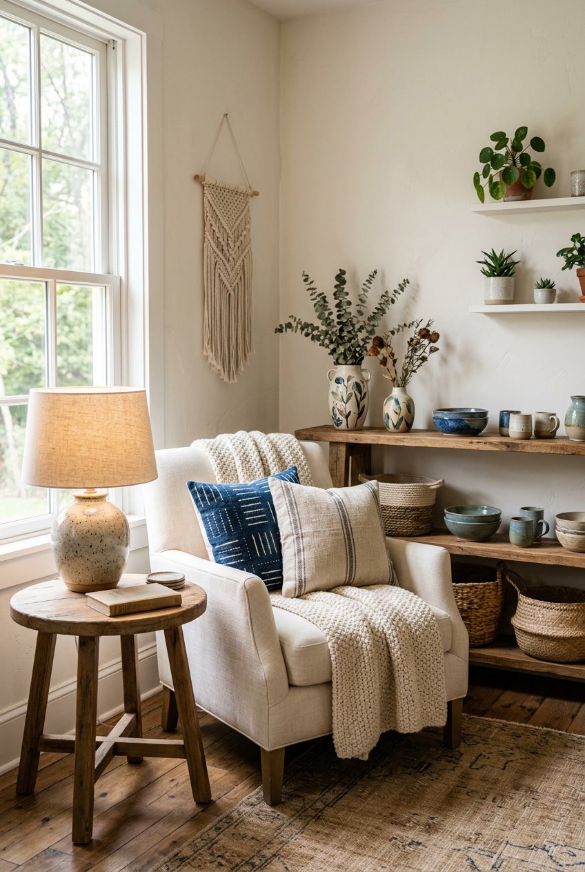 A cozy living room corner with handmade pottery, woven baskets, a comfortable armchair with pillows, a wooden side table with a ceramic lamp, and potted plants.