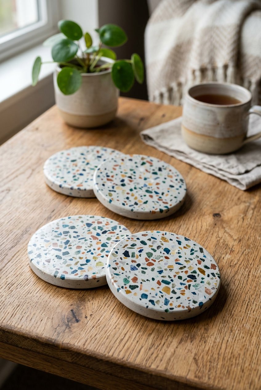 A set of colorful terrazzo coasters arranged on a wooden table with a small plant and a cup in the background.