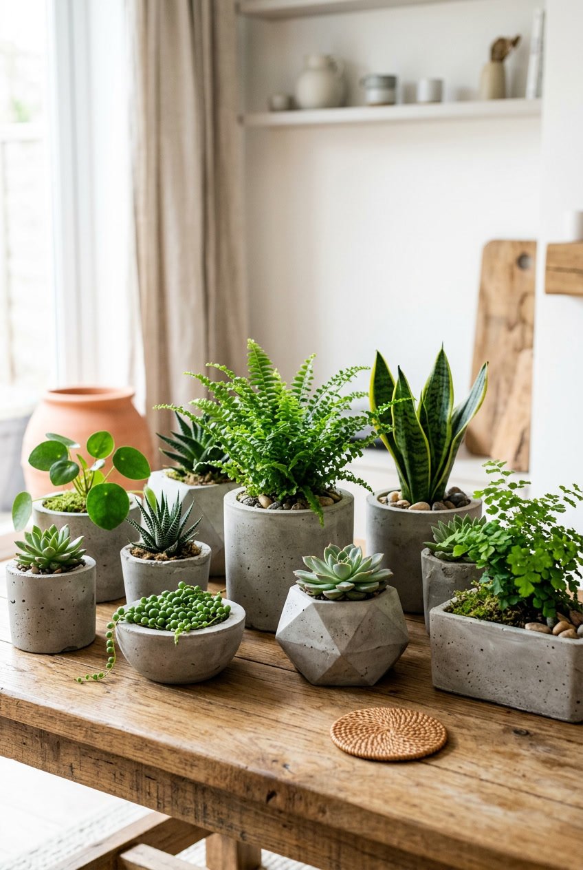 A collection of handmade concrete planters with green houseplants arranged on a wooden table in a home setting.