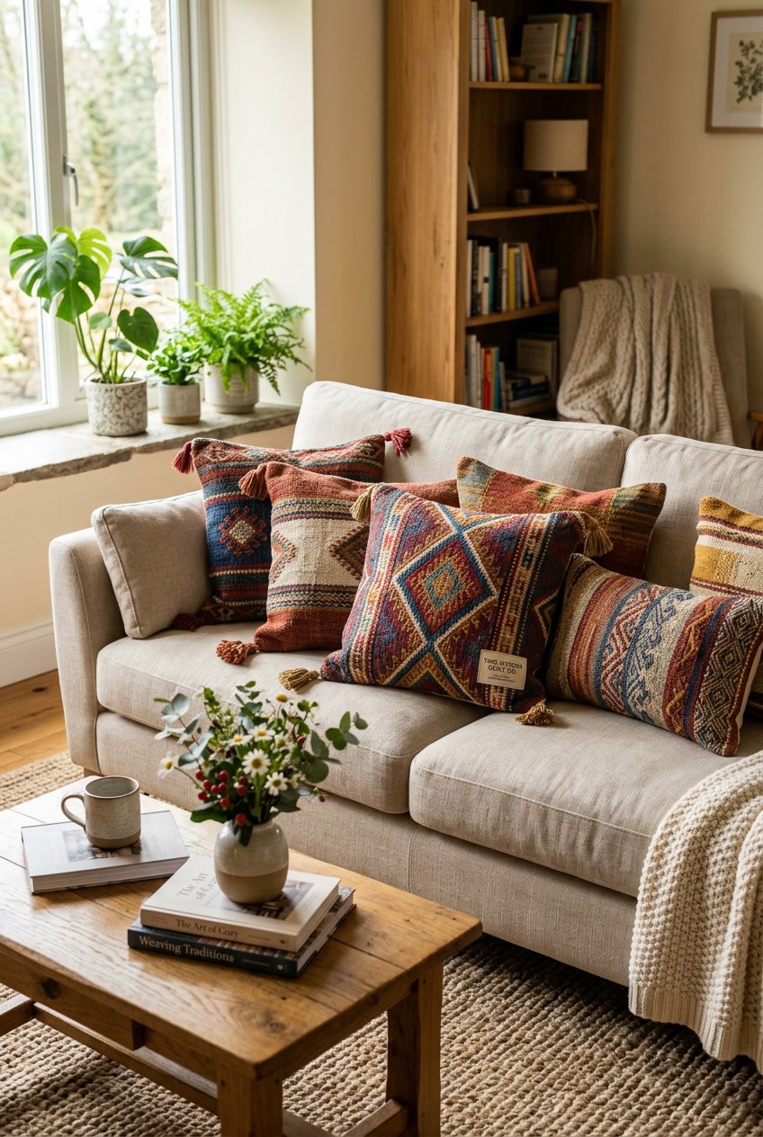 A living room sofa with colorful handwoven throw pillows and a wooden coffee table with flowers.