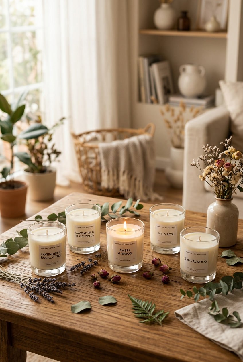 A collection of scented soy candles in glass jars arranged on a wooden table with dried flowers and green leaves in a cozy home setting.