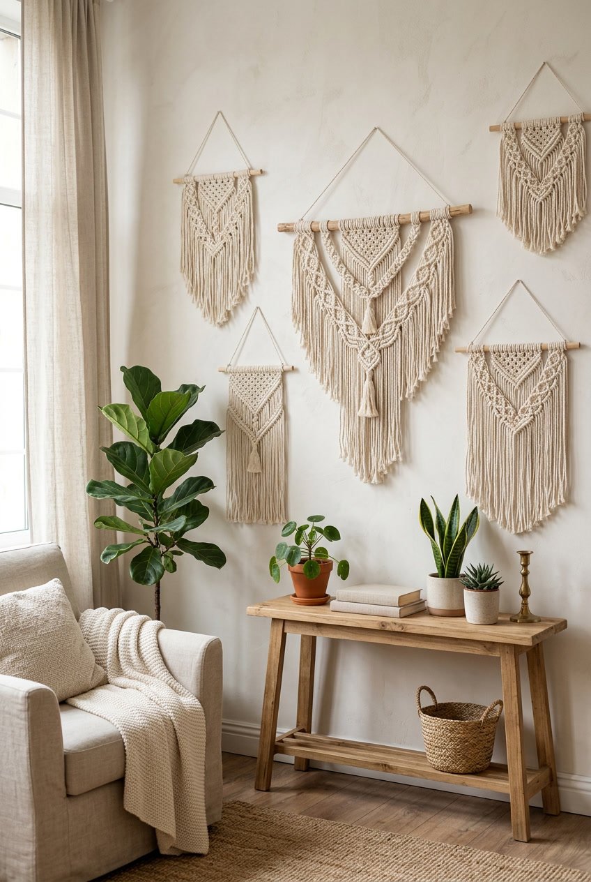 A cozy interior corner with cream-colored macramé wall hangings above a wooden shelf holding plants and decorative items.