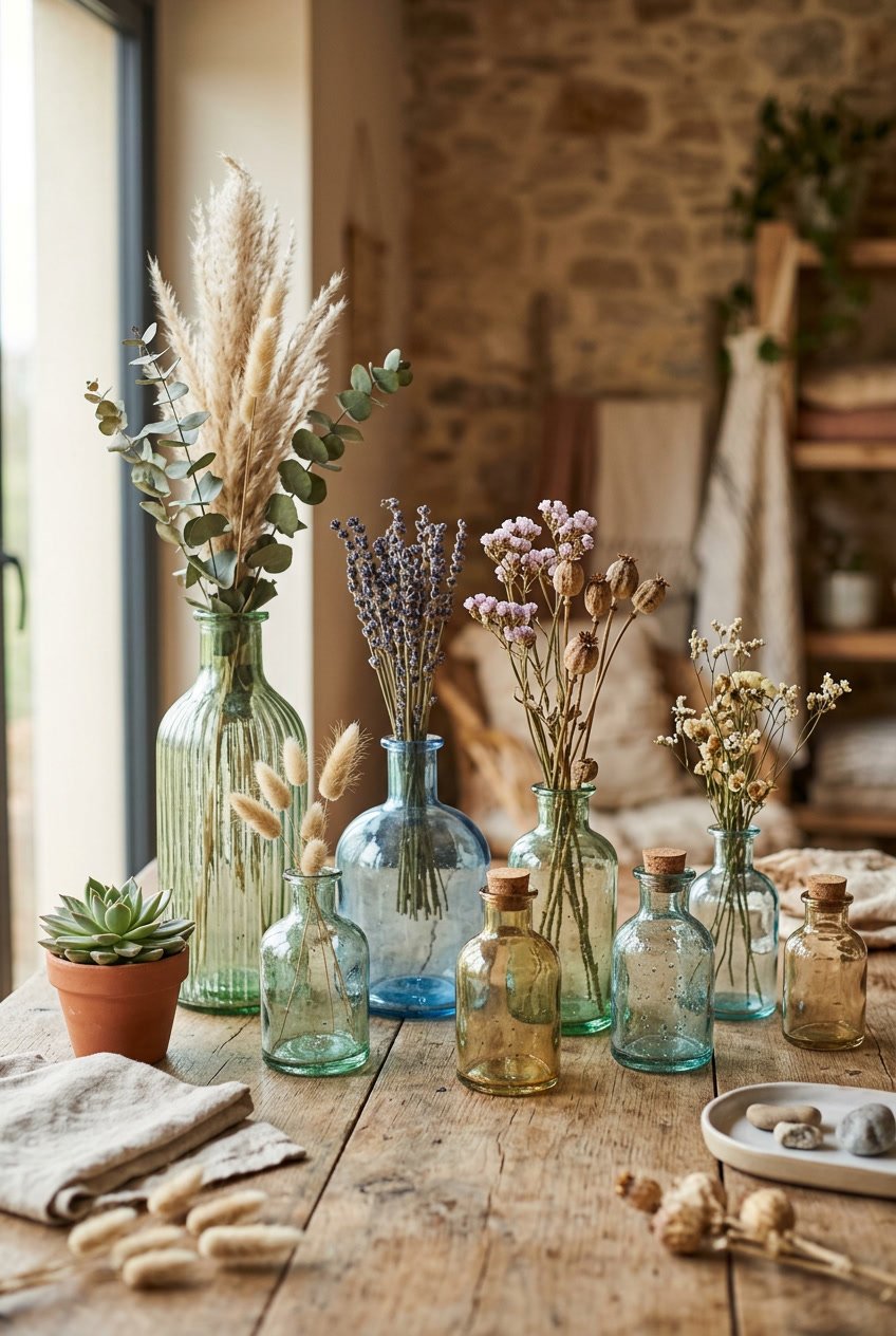 A collection of recycled glass vases on a wooden surface with dried flowers and small plants around them.