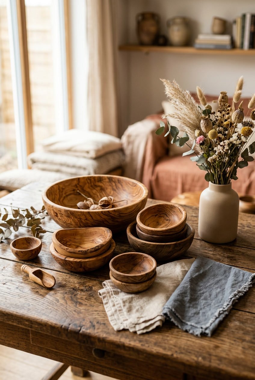 A collection of wooden bowls arranged on a wooden table with home decor items around them.