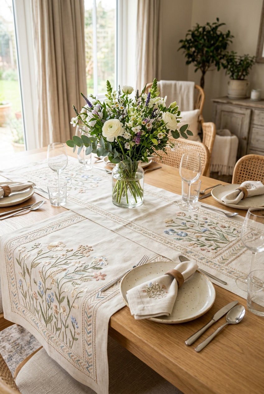 A dining table set with hand-embroidered linen table runners, plates, glassware, and a vase of fresh flowers.
