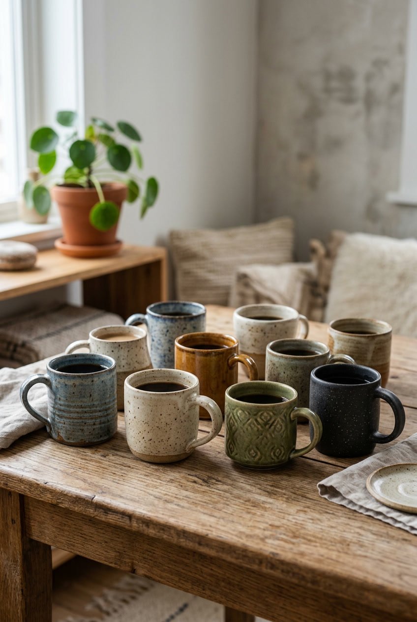 A collection of handmade ceramic coffee mugs displayed on a wooden table with home decor items in the background.