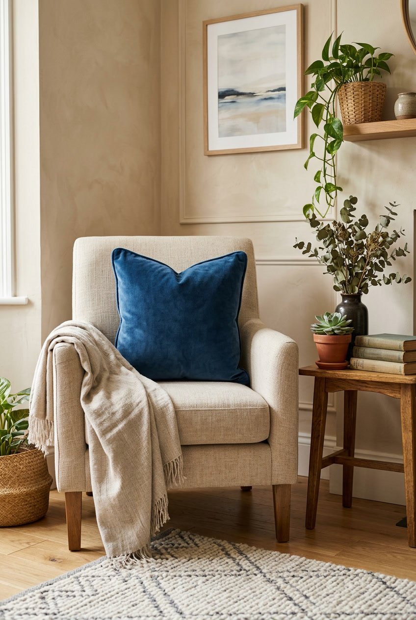 A living room corner with a velvet pillow and linen armchair, a linen throw blanket, a wooden side table with a vase, and a small plant.