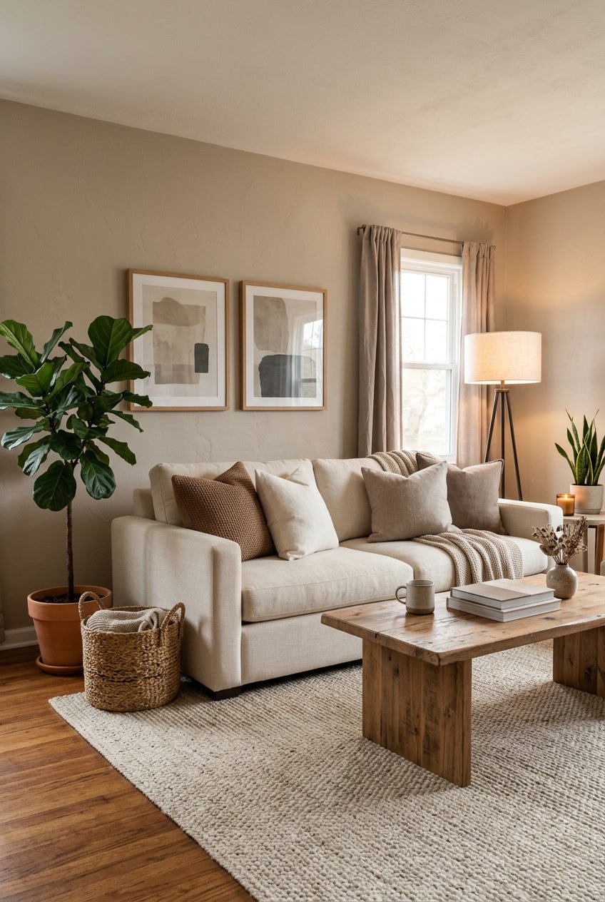 A cozy living room with a cream sofa, wooden coffee table, plants, and warm lighting.