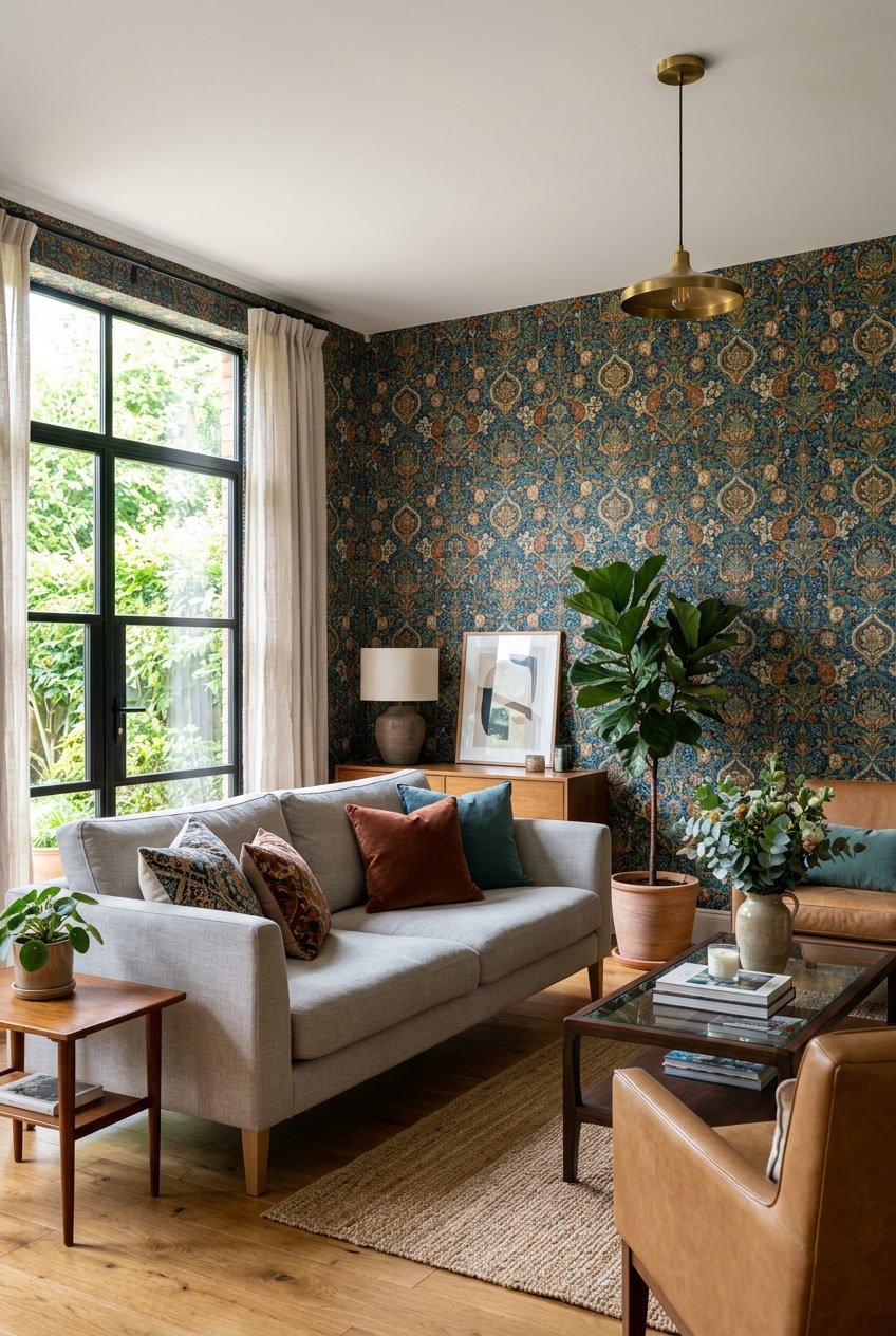 A living room with bold patterned wallpaper behind a sofa and chairs, decorated with plants and cushions.