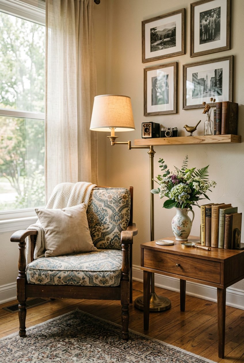 A cozy living room corner with a wooden armchair, antique lamp, side table with books and flowers, and framed photographs on the wall.