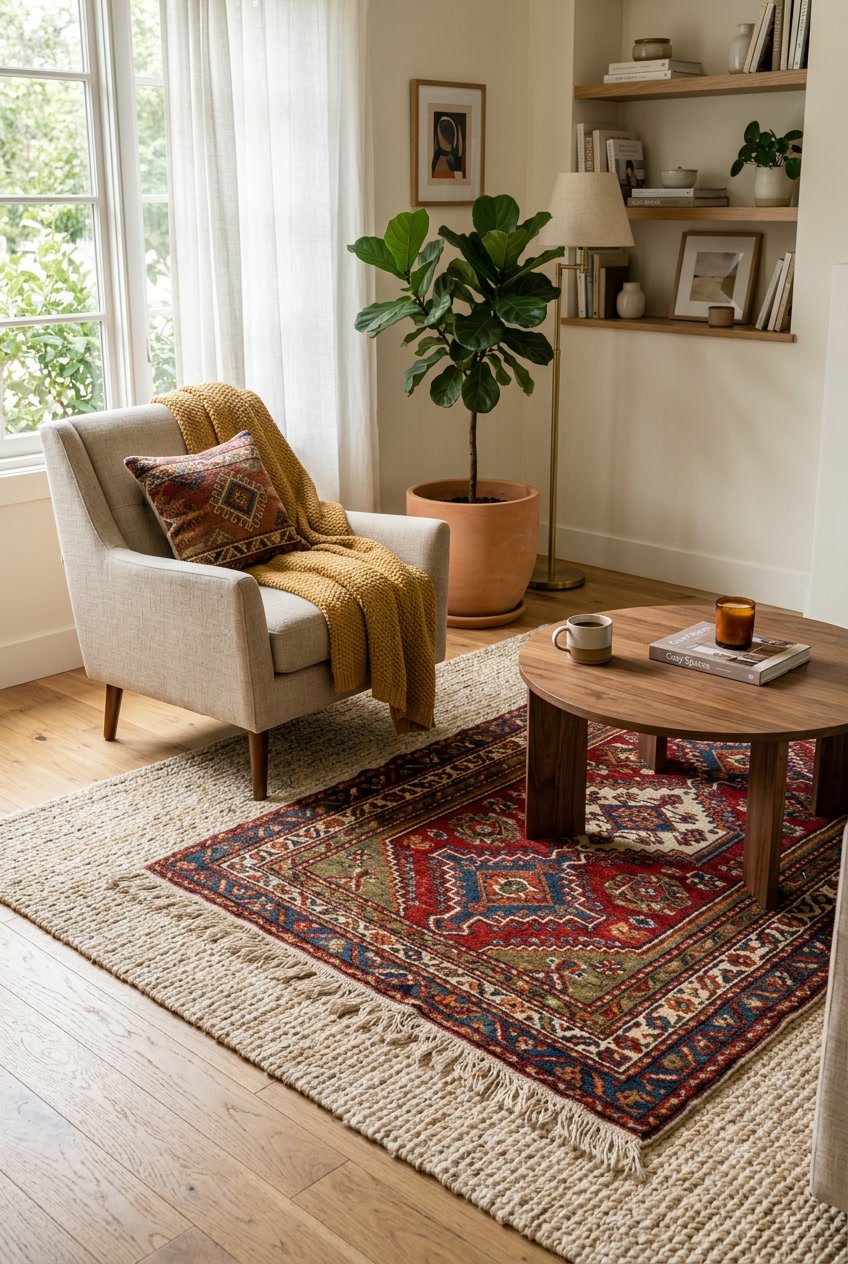 A cozy living room corner with layered rugs of different sizes and textures on a hardwood floor, surrounded by a coffee table, armchair, and plants.