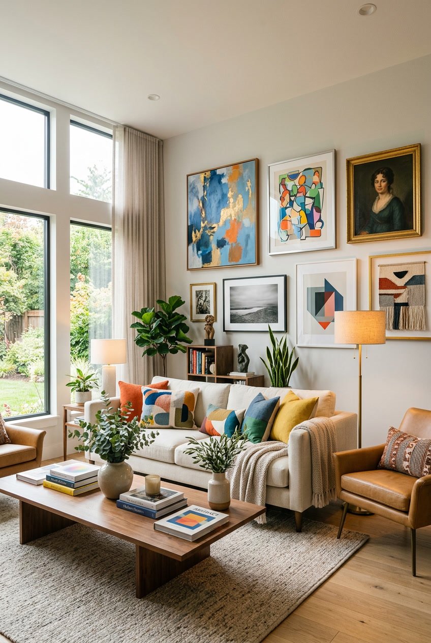 A living room with a sofa, coffee table, framed artworks on the walls, decorative plants, and home decor items.