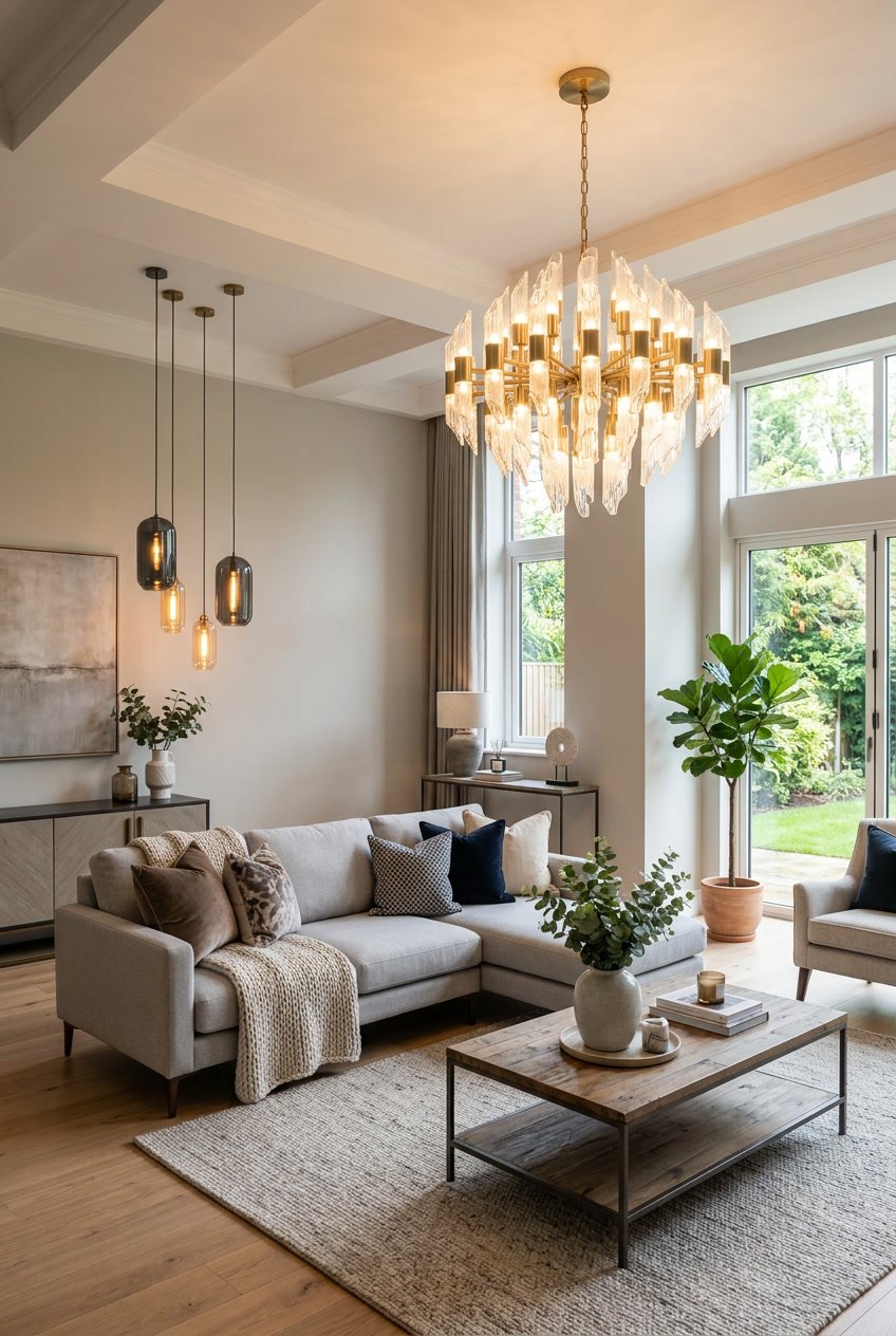 A living room with elegant hanging lighting fixtures illuminating the space, featuring a sofa, coffee table, and indoor plants.