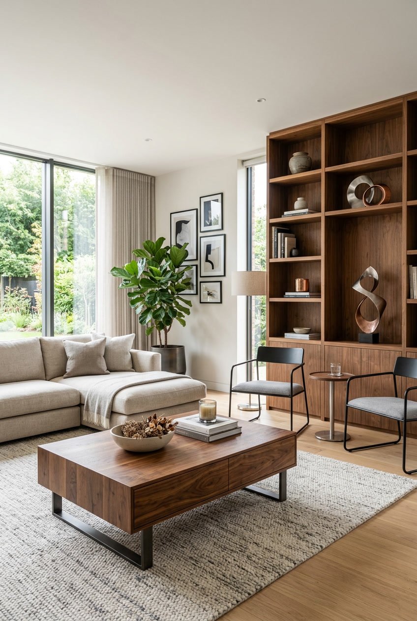 A living room with wooden furniture and metal decorative accents illuminated by natural light.
