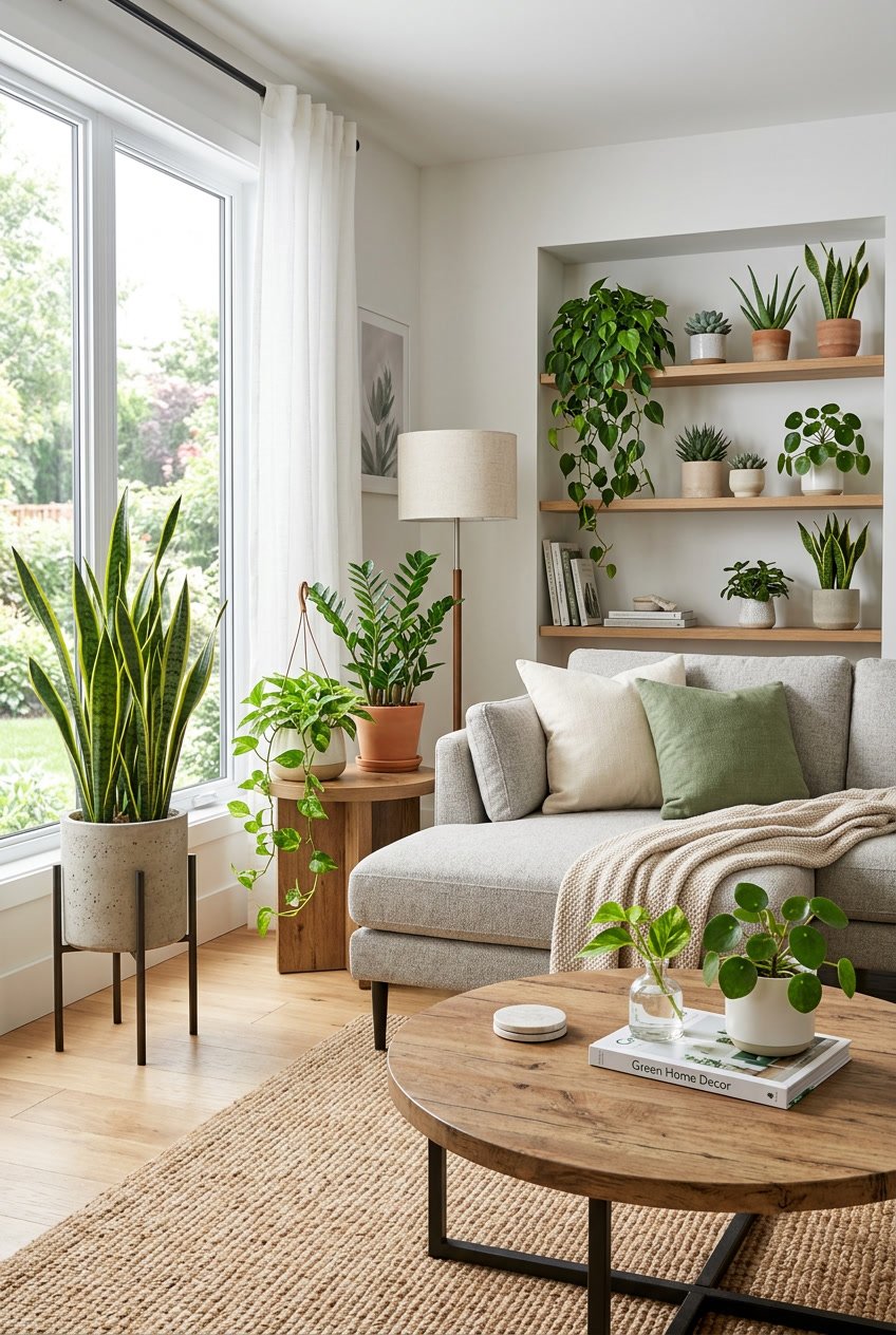 A modern living room with various low-maintenance green plants placed around a sofa and coffee table, illuminated by natural light from large windows.
