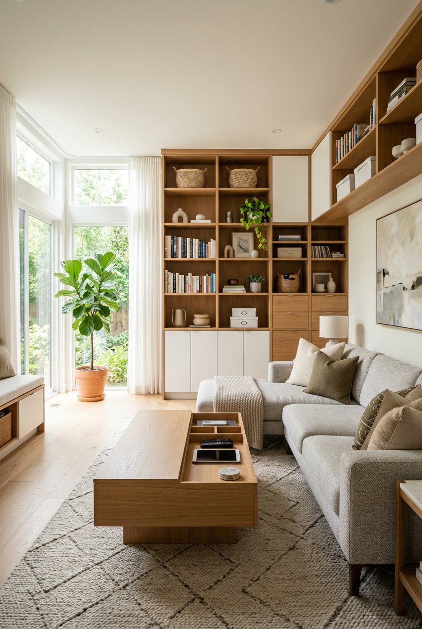 A bright living room with built-in shelves, organized storage, a coffee table with compartments, a sofa, and plants.