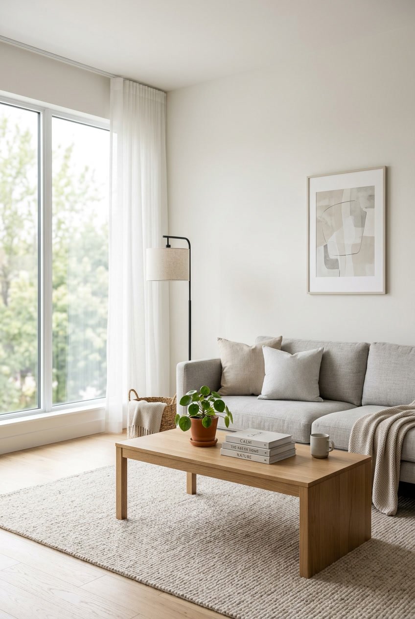 A bright living room with a modern sofa, wooden coffee table holding a small plant and books, a large window, and minimal decorations.