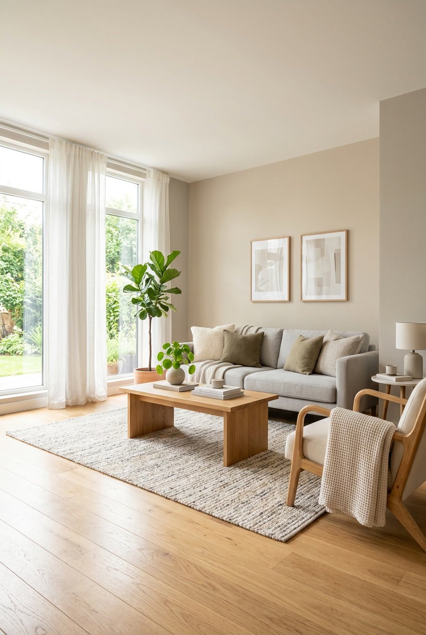 A bright living room with neutral-colored walls, a gray sofa, wooden coffee table, and natural light coming through large windows.