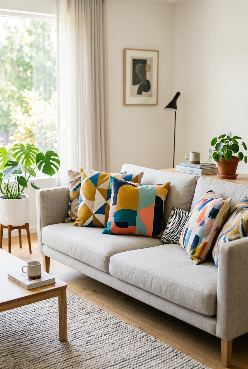 A living room with a sofa decorated with colorful patterned throw pillows and a small plant on a coffee table nearby.